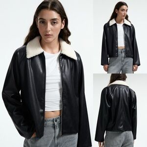 H&M Women's Bomber Jacket With Soft Teddy Fleece Collar Coat Top Size XL Black